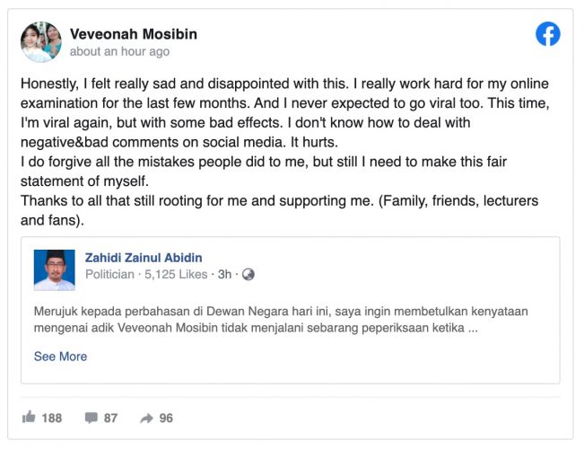 arenagempak.com -  Veveonah Sedih Dan Kecewa Dengan Kenyataan Timbalan Menteri