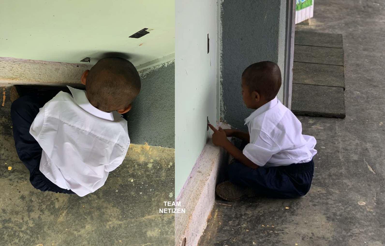 Murid Tahun Satu Tertunduk Menangis Menghadap Dinding Sekolah, Rindukan Mak Ayah Di Kampung